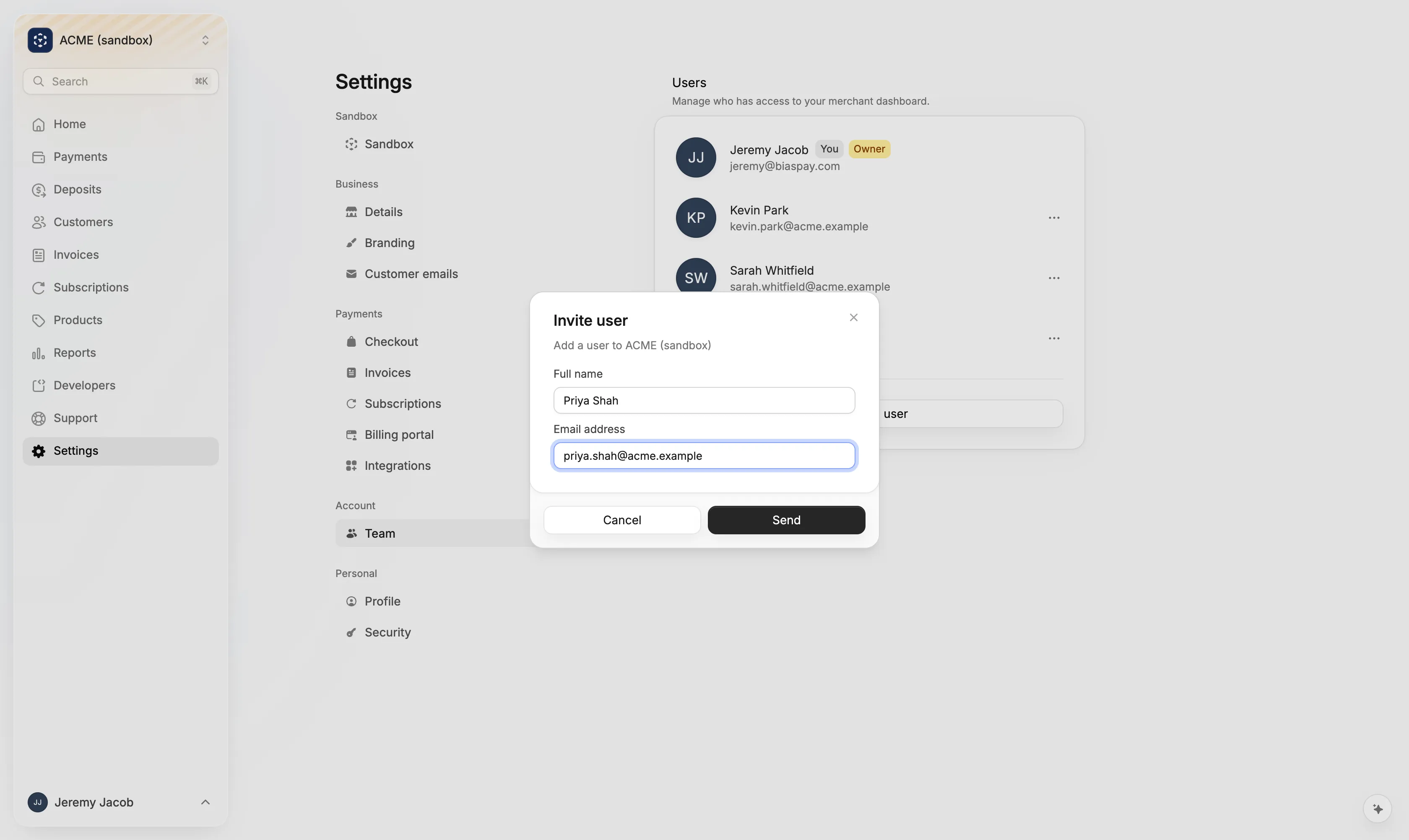 The Invite user dialog in Settings → Team