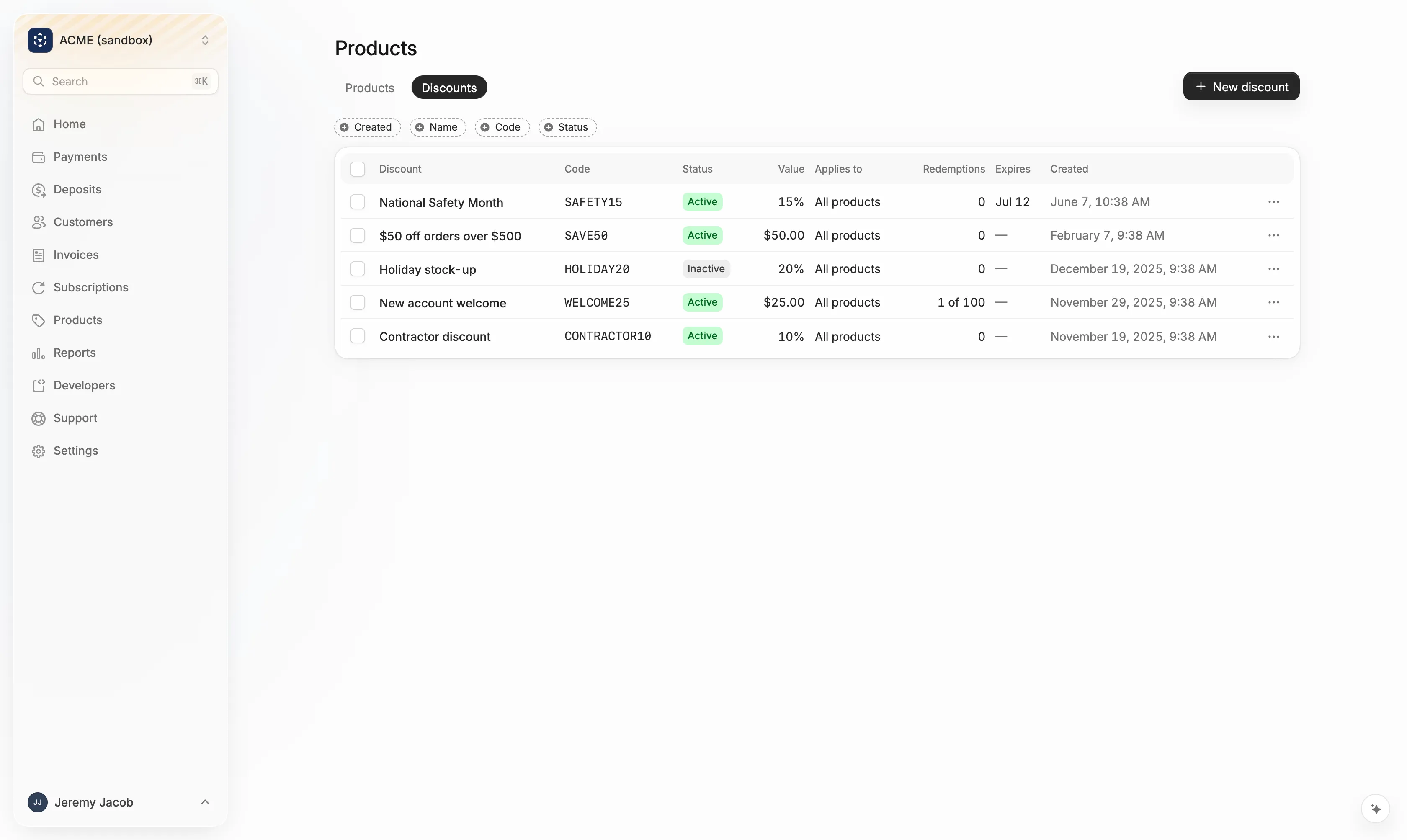 The Discounts tab, with each discount's code, status, value and redemptions