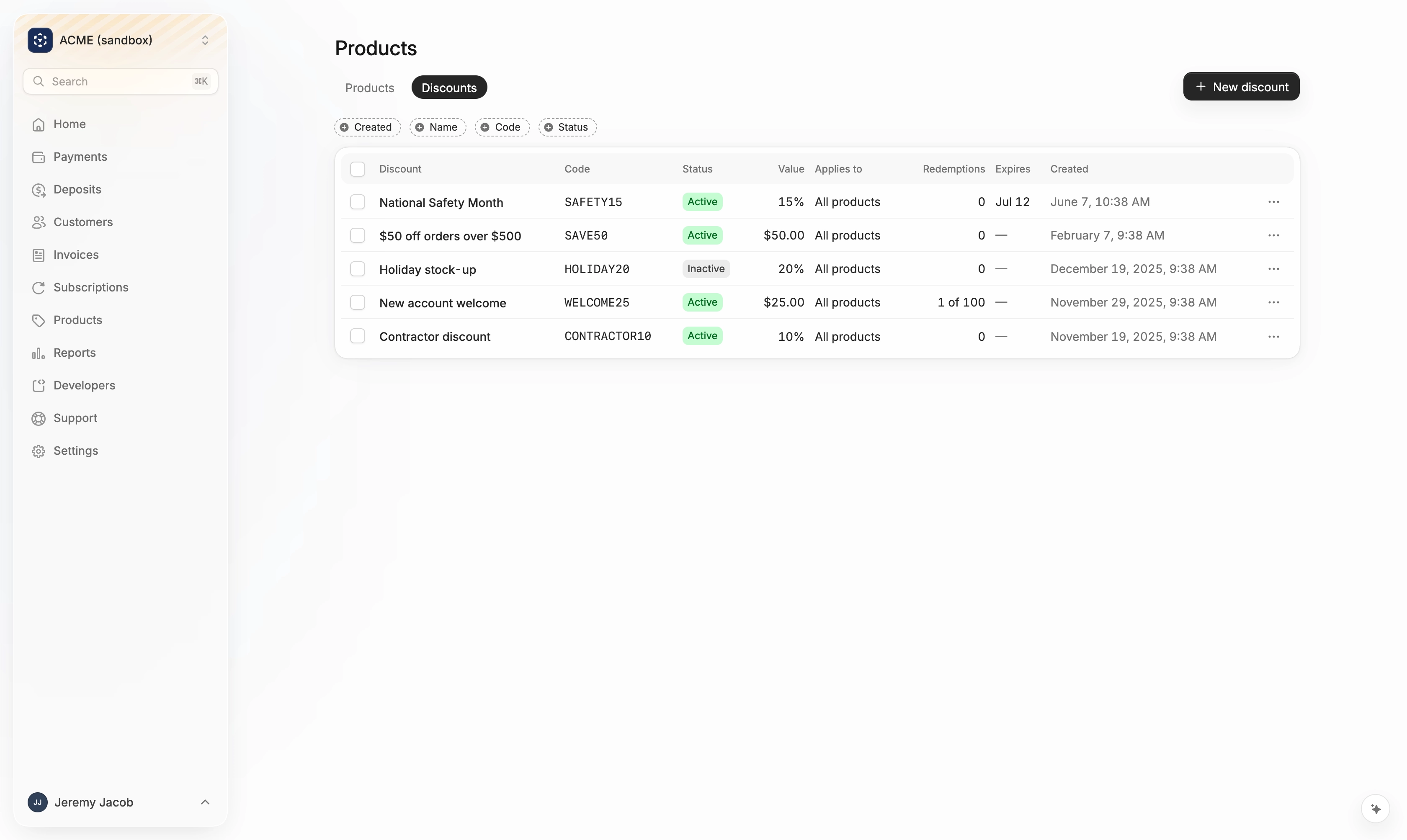 The Discounts tab, with each discount's code, status, value and redemptions