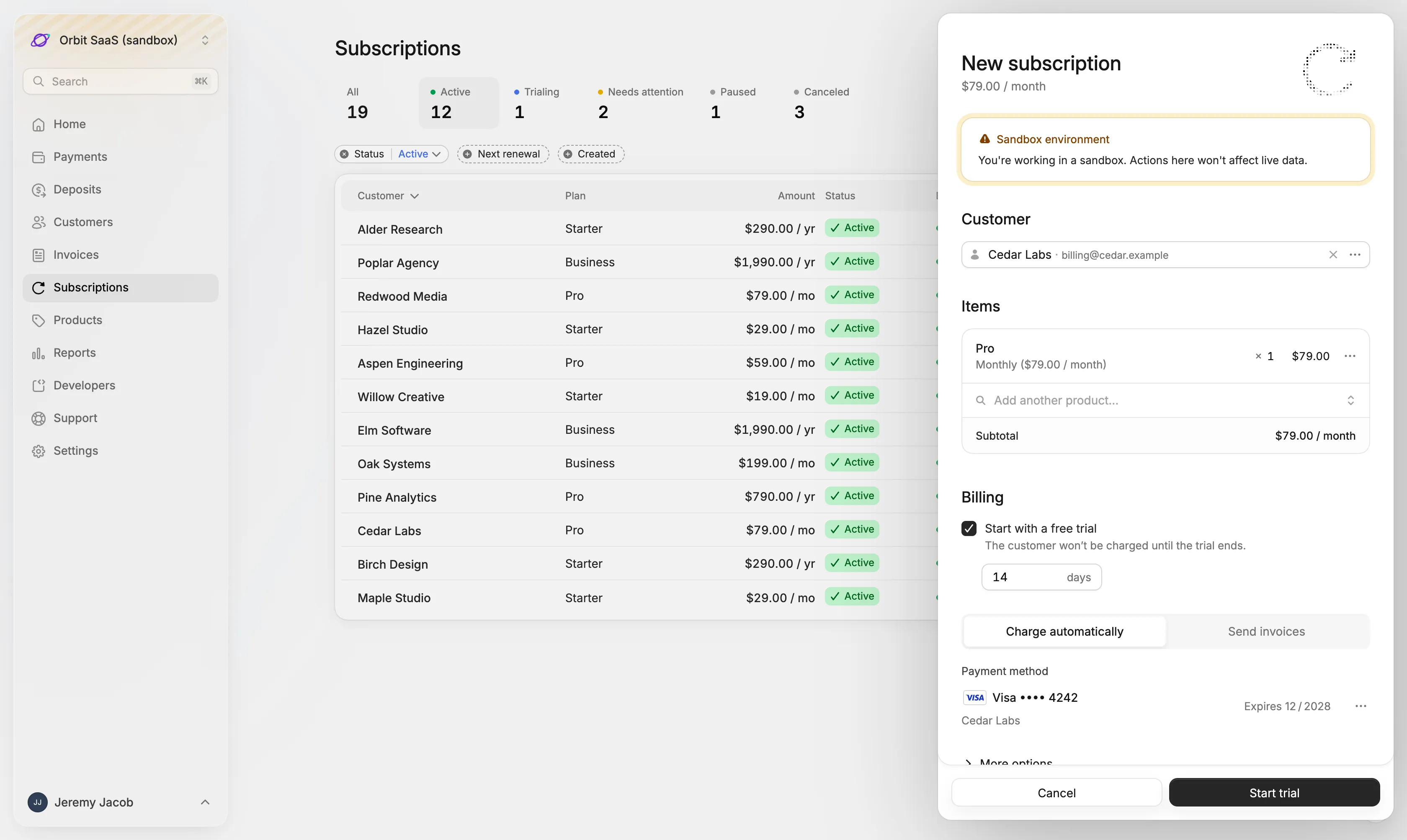 Starting a subscription with a 14-day free trial