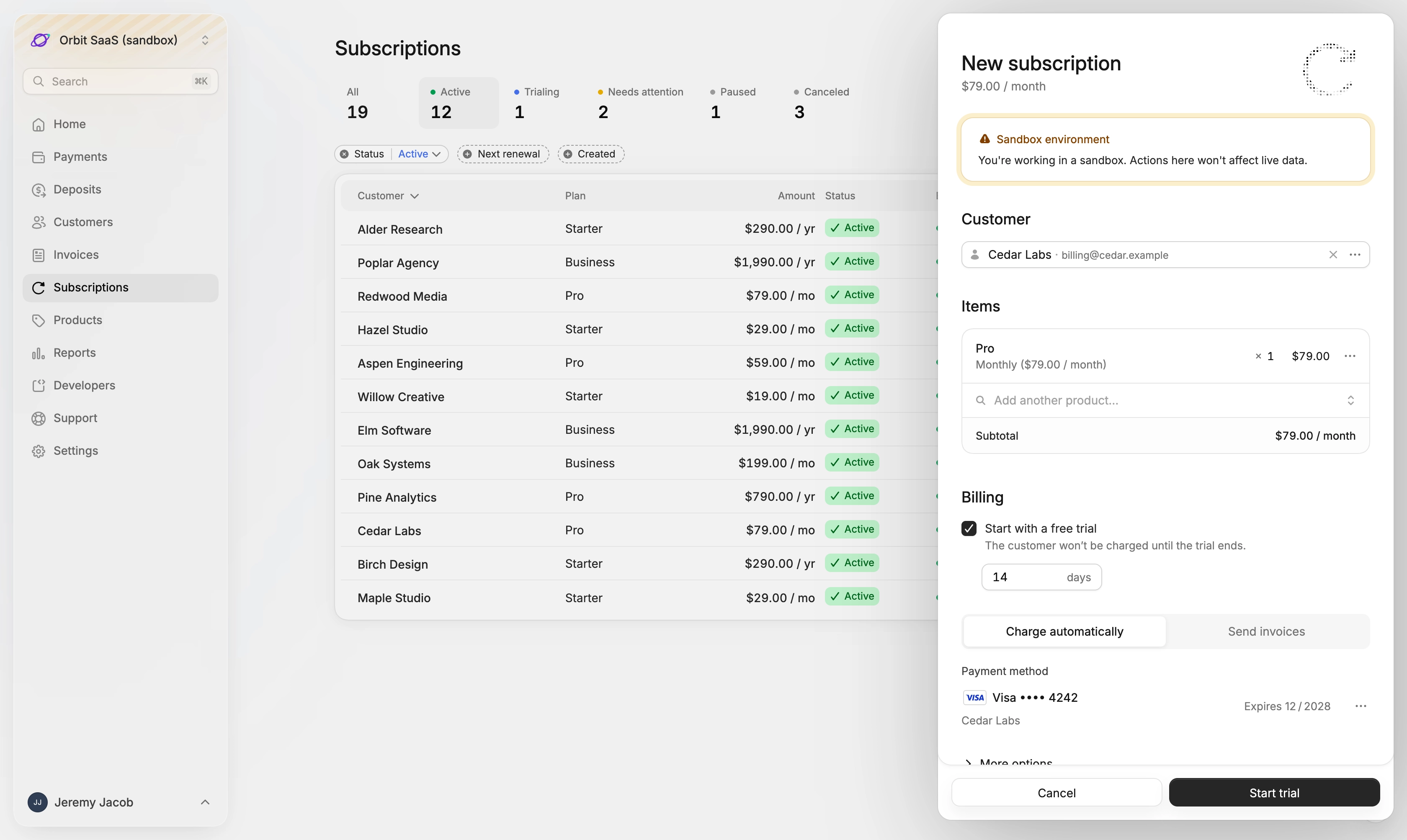 Starting a subscription with a 14-day free trial