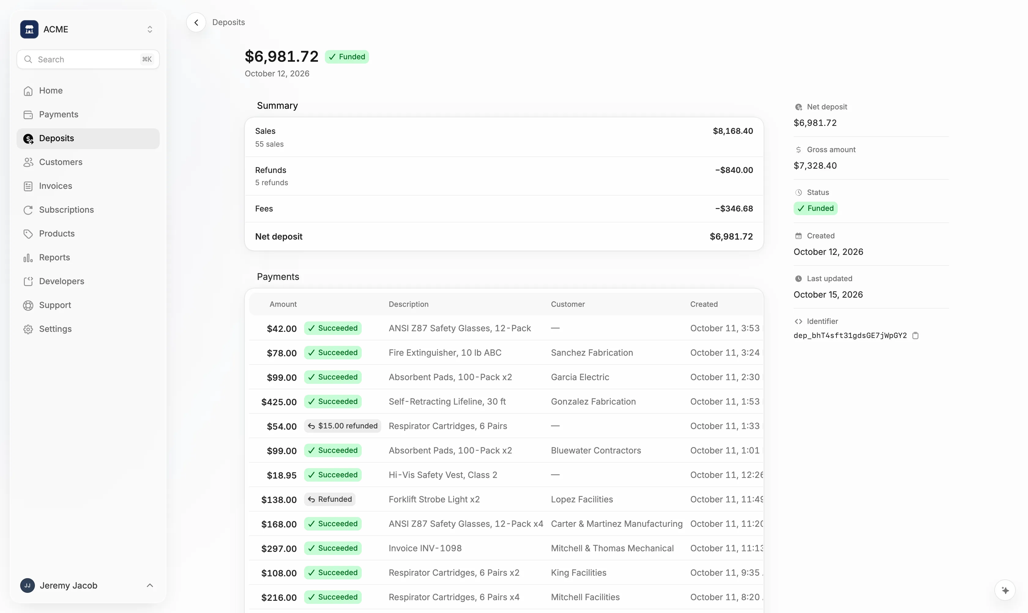 A deposit's Summary and Payments cards