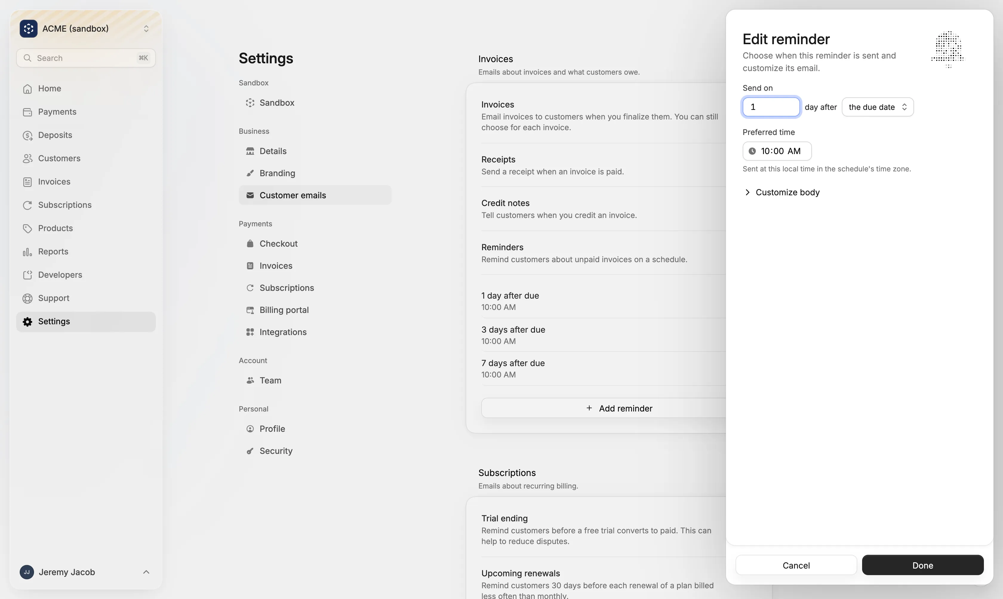 Settings → Customer emails with Reminders on and the Edit reminder sheet open