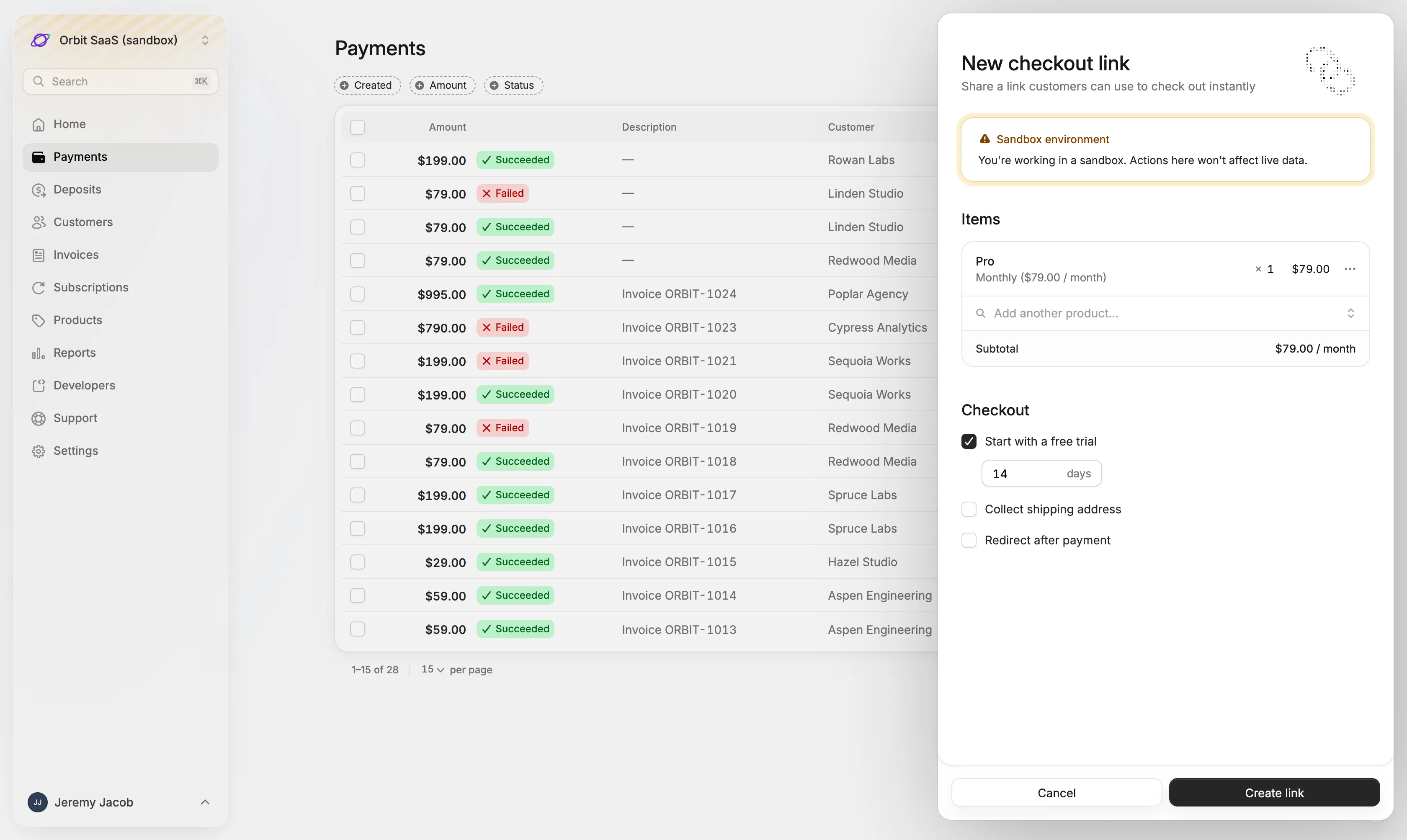 A new checkout link for a monthly plan with a 14-day free trial