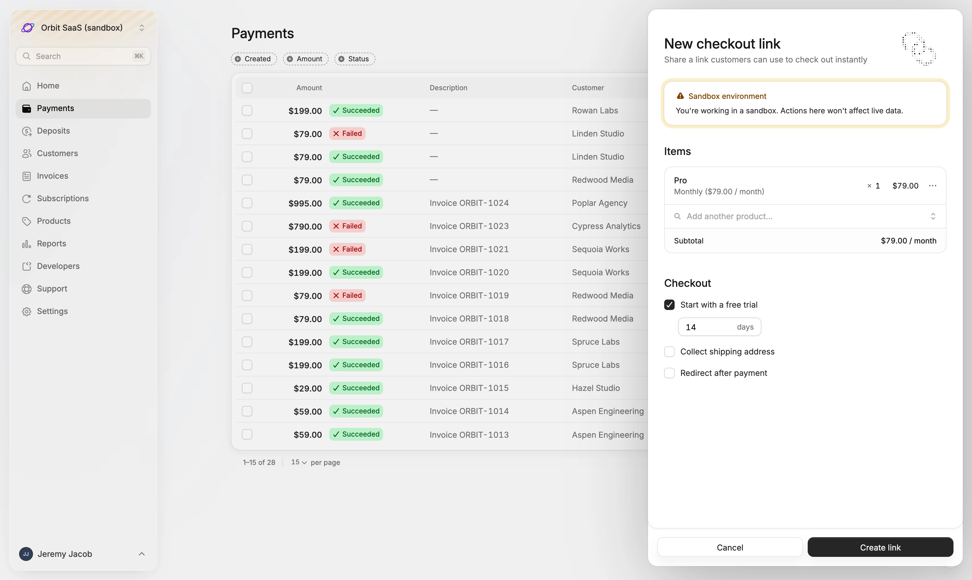 A new checkout link for a monthly plan with a 14-day free trial
