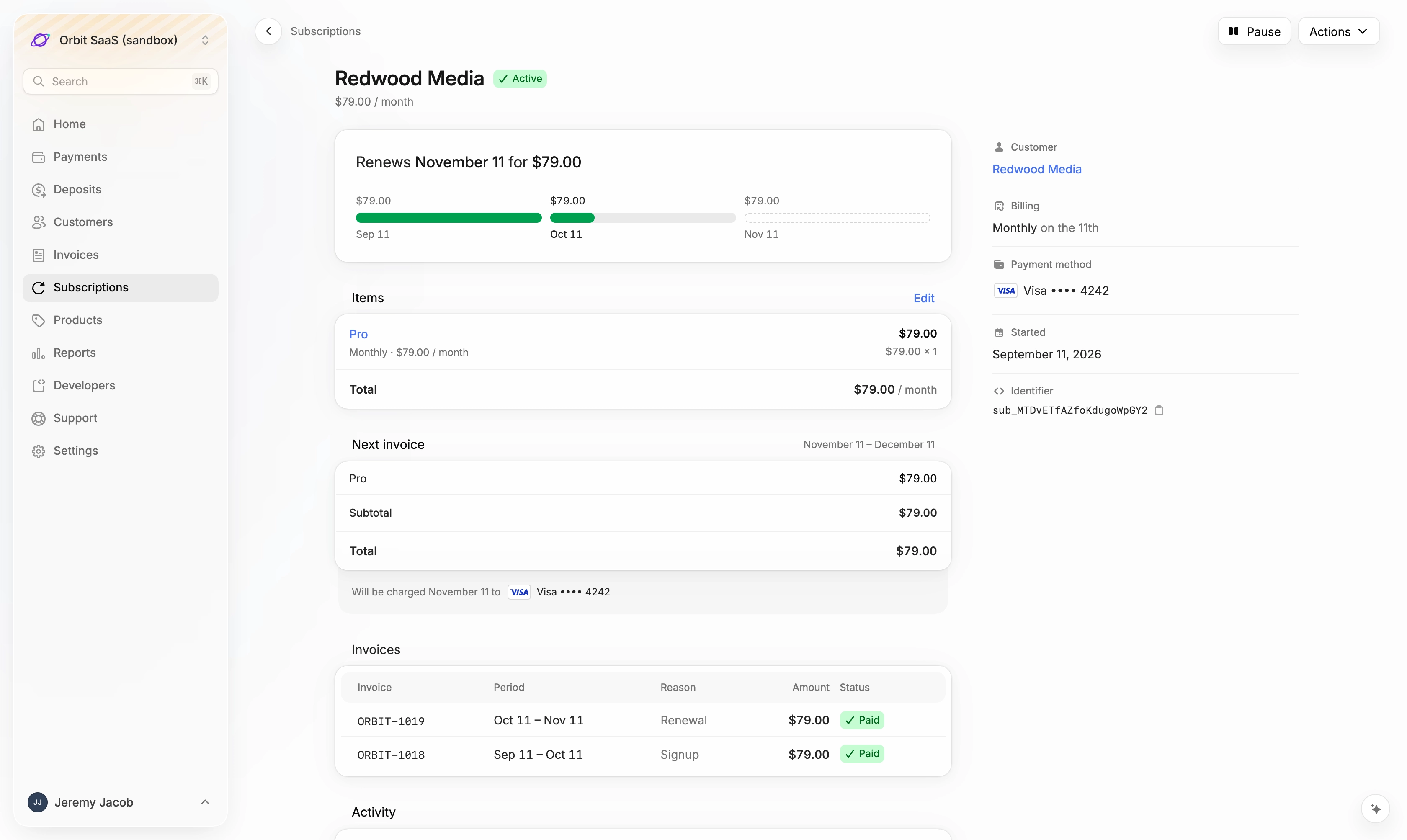 A subscription's page with its billing schedule