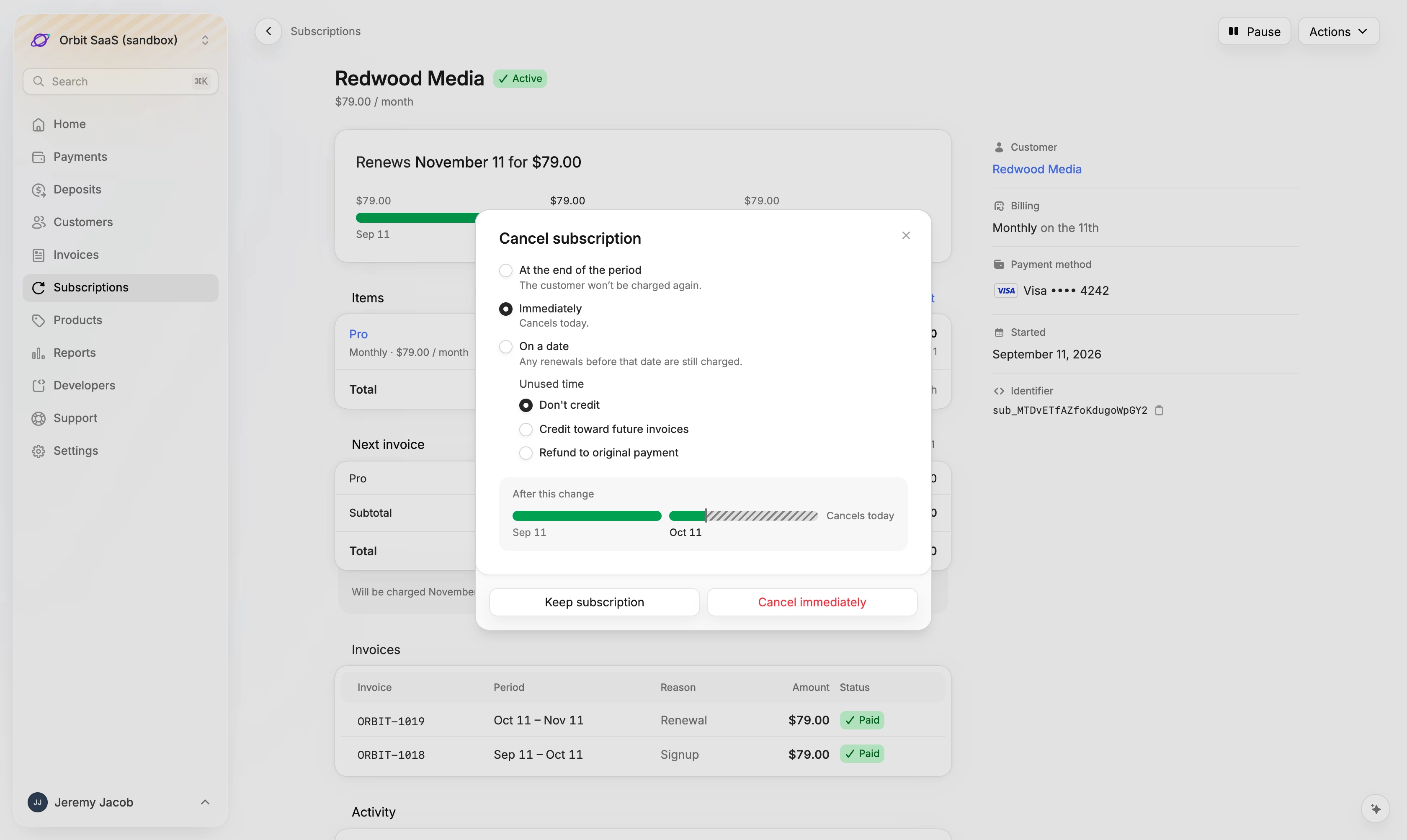 Canceling a subscription immediately, with the options for its unused time