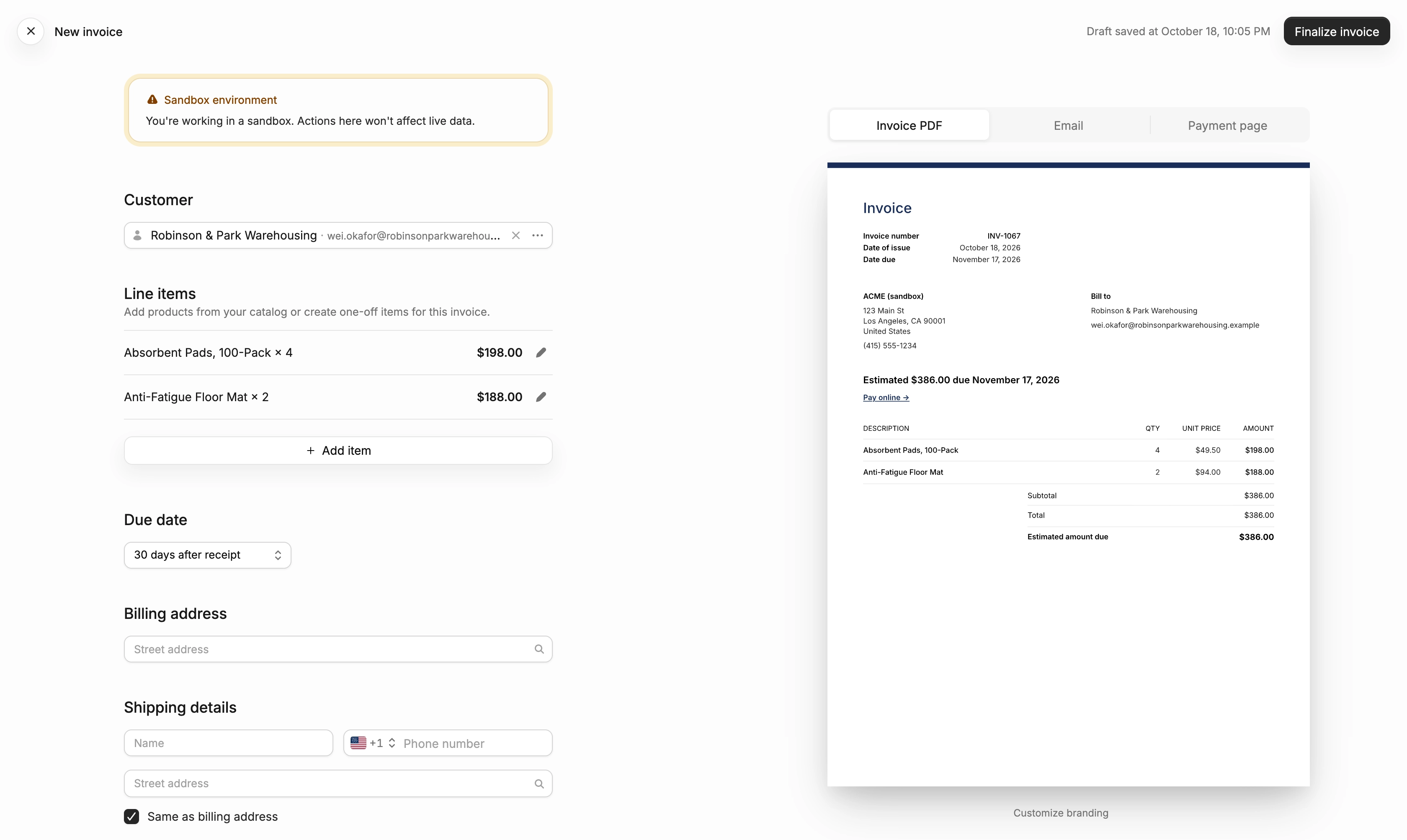 The new invoice editor with a live preview