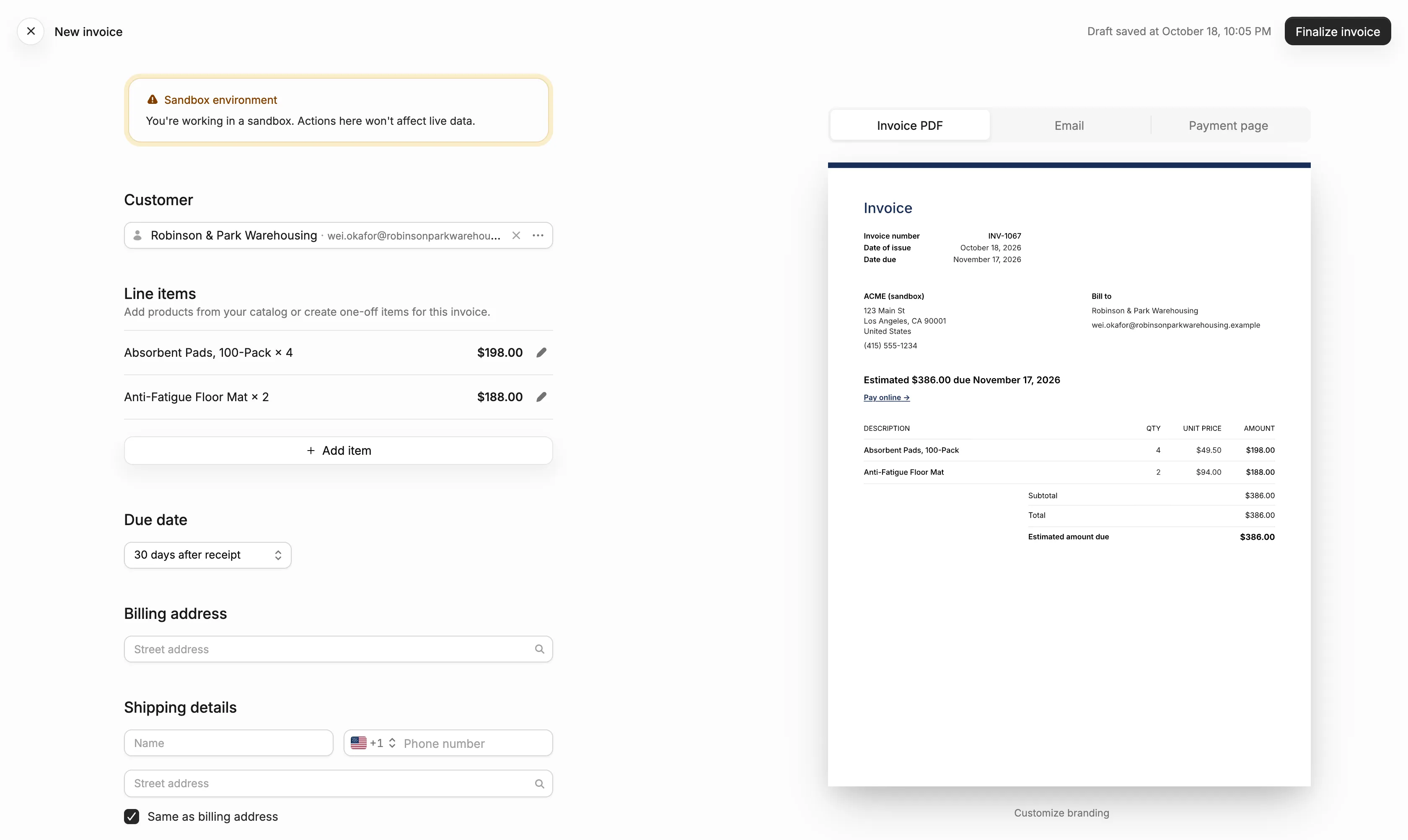 The new invoice editor with a live preview