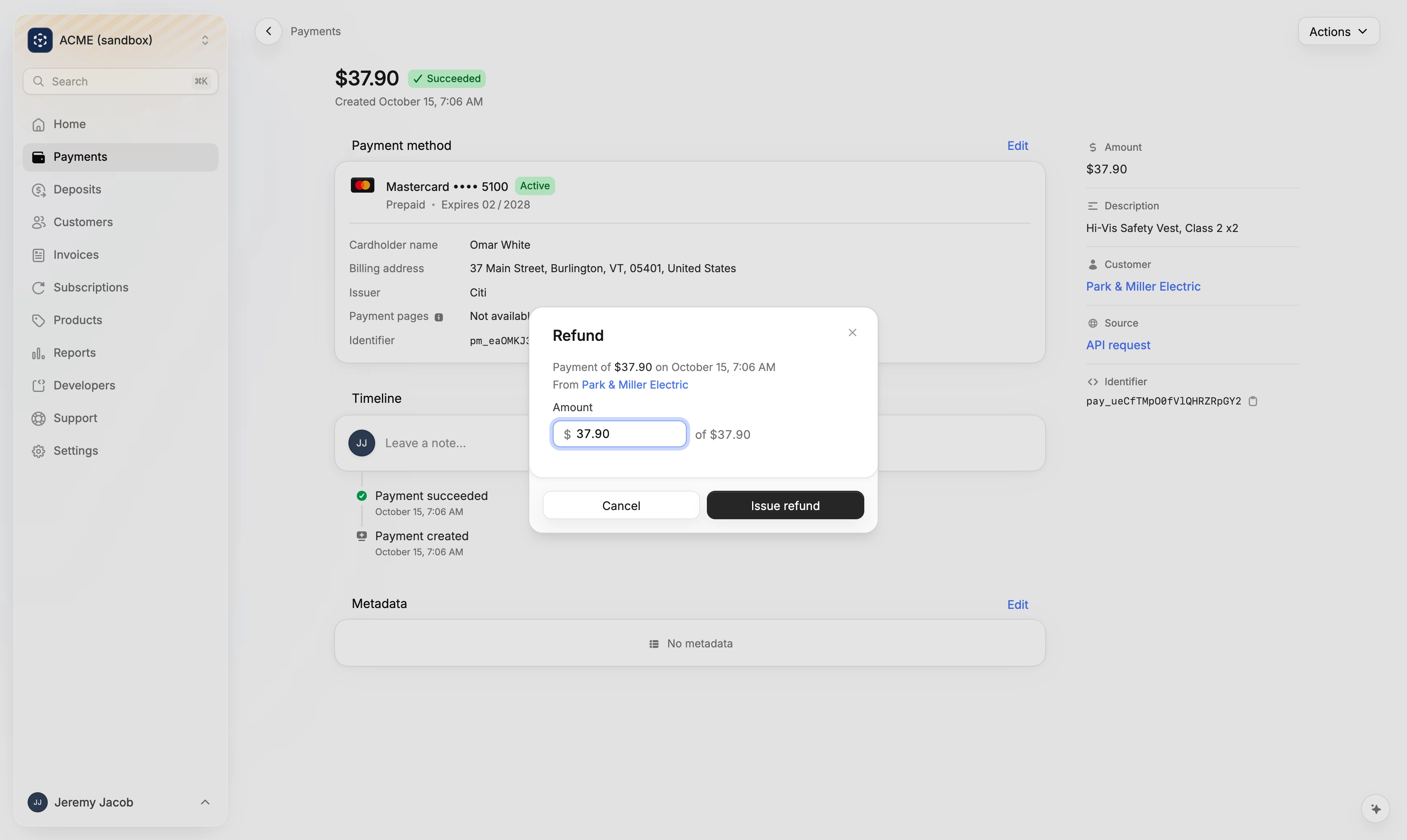 The Refund dialog on a payment