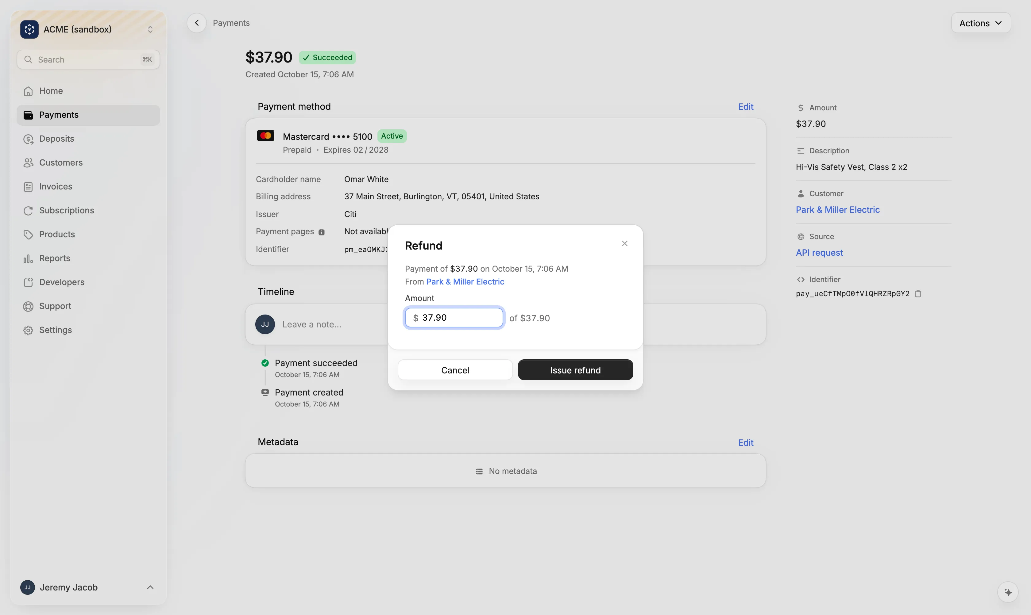 The Refund dialog on a payment