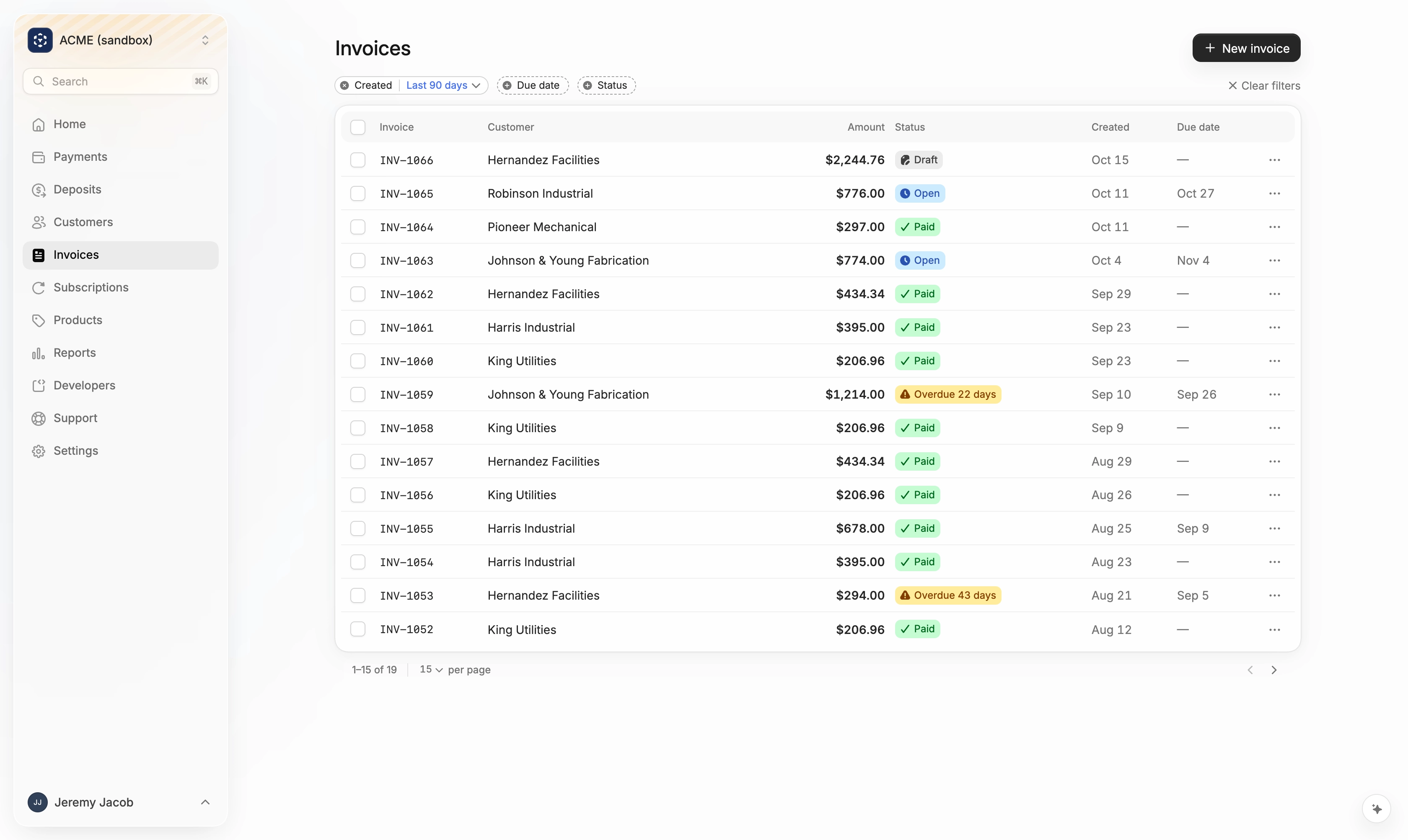 The Invoices list in the Bias dashboard