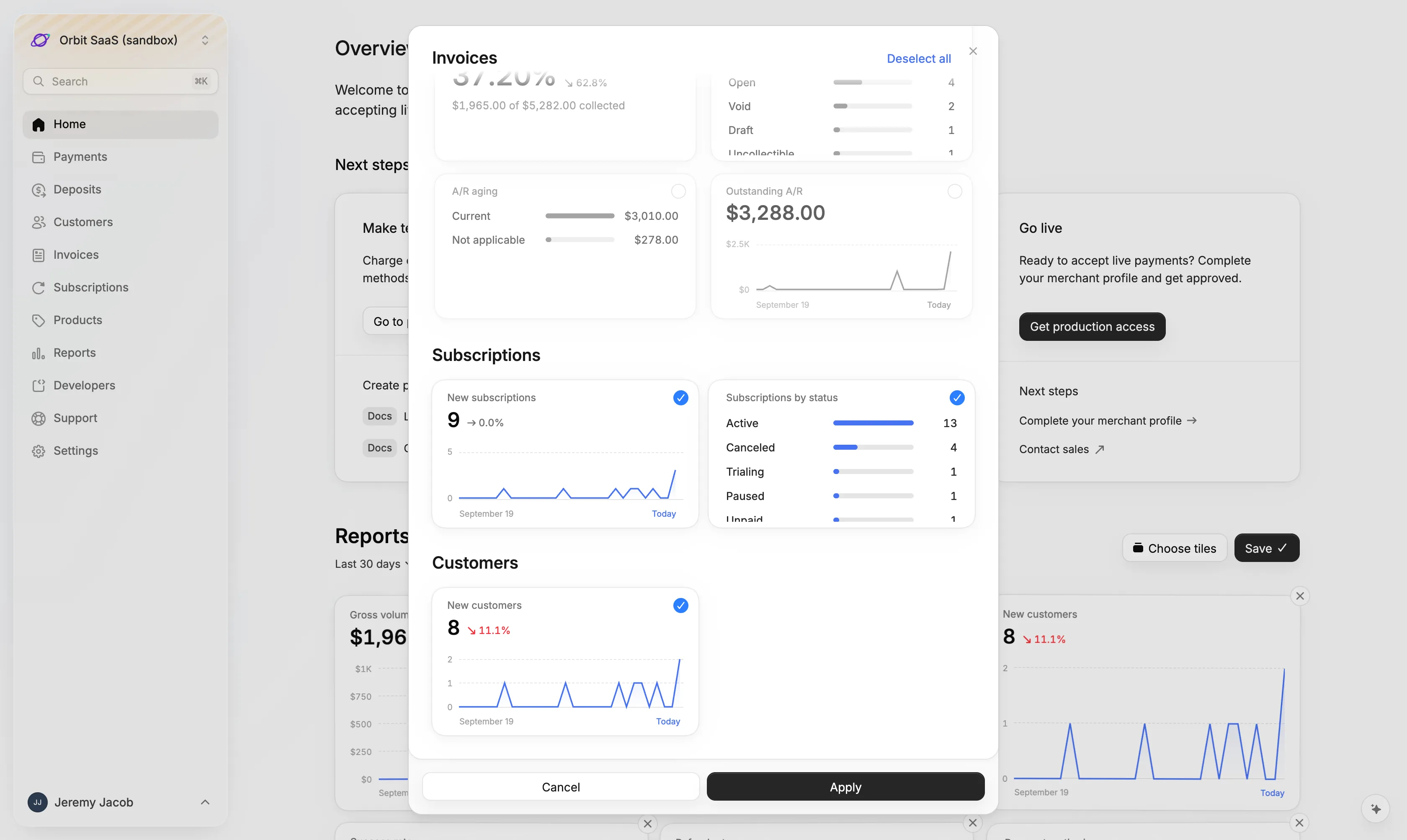 Choosing the New subscriptions and Subscriptions by status tiles