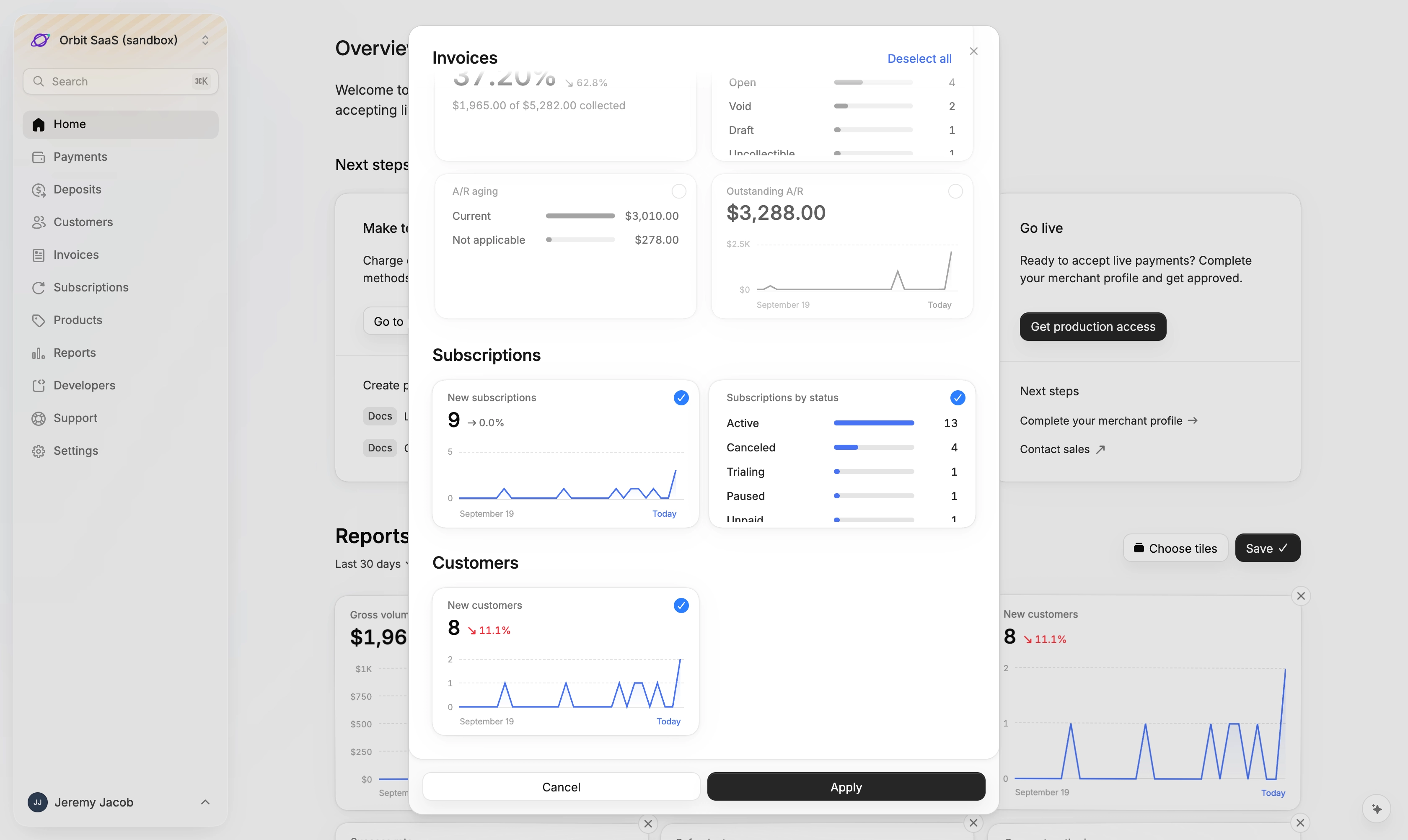 Choosing the New subscriptions and Subscriptions by status tiles