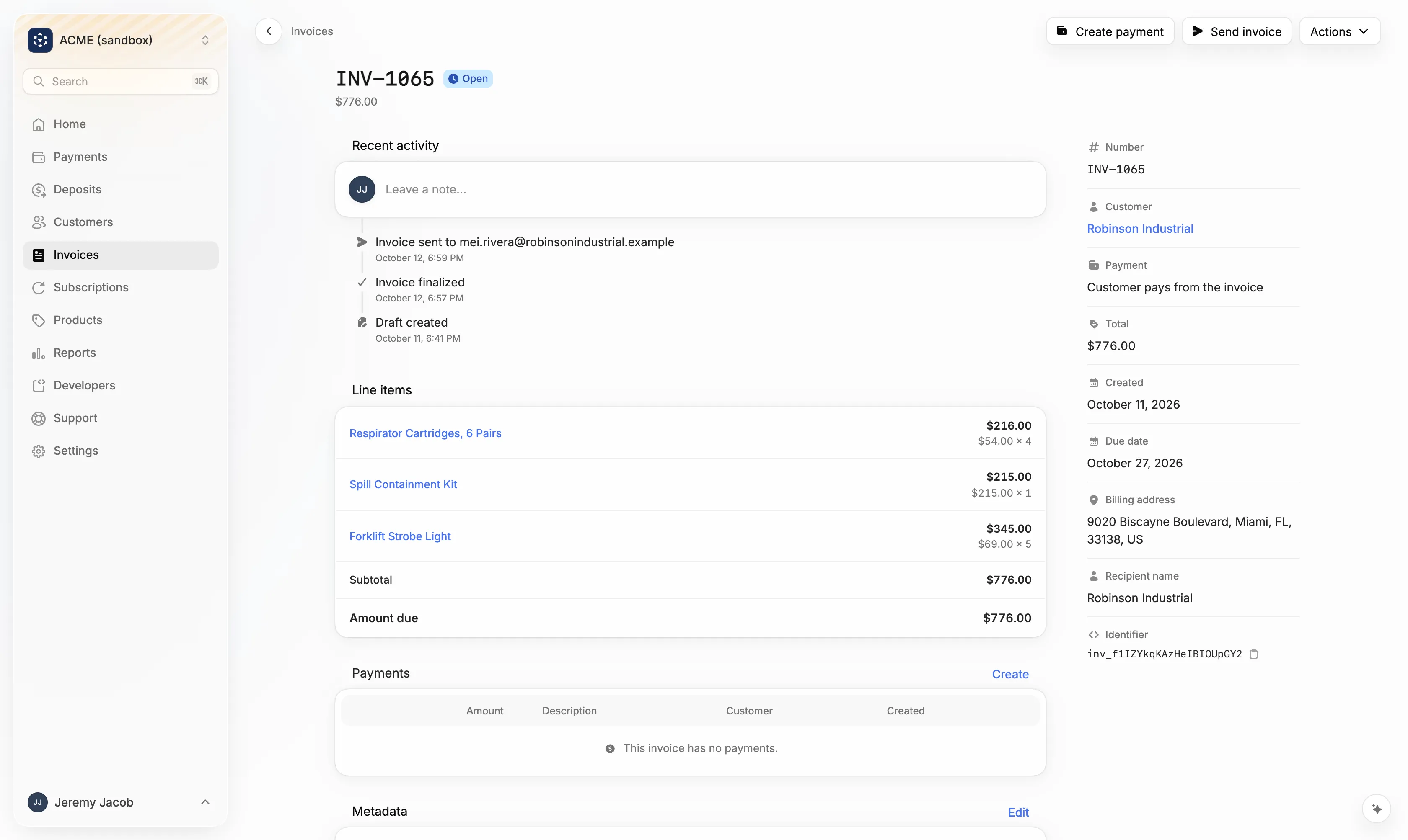 An invoice detail page showing activity, line items, and details