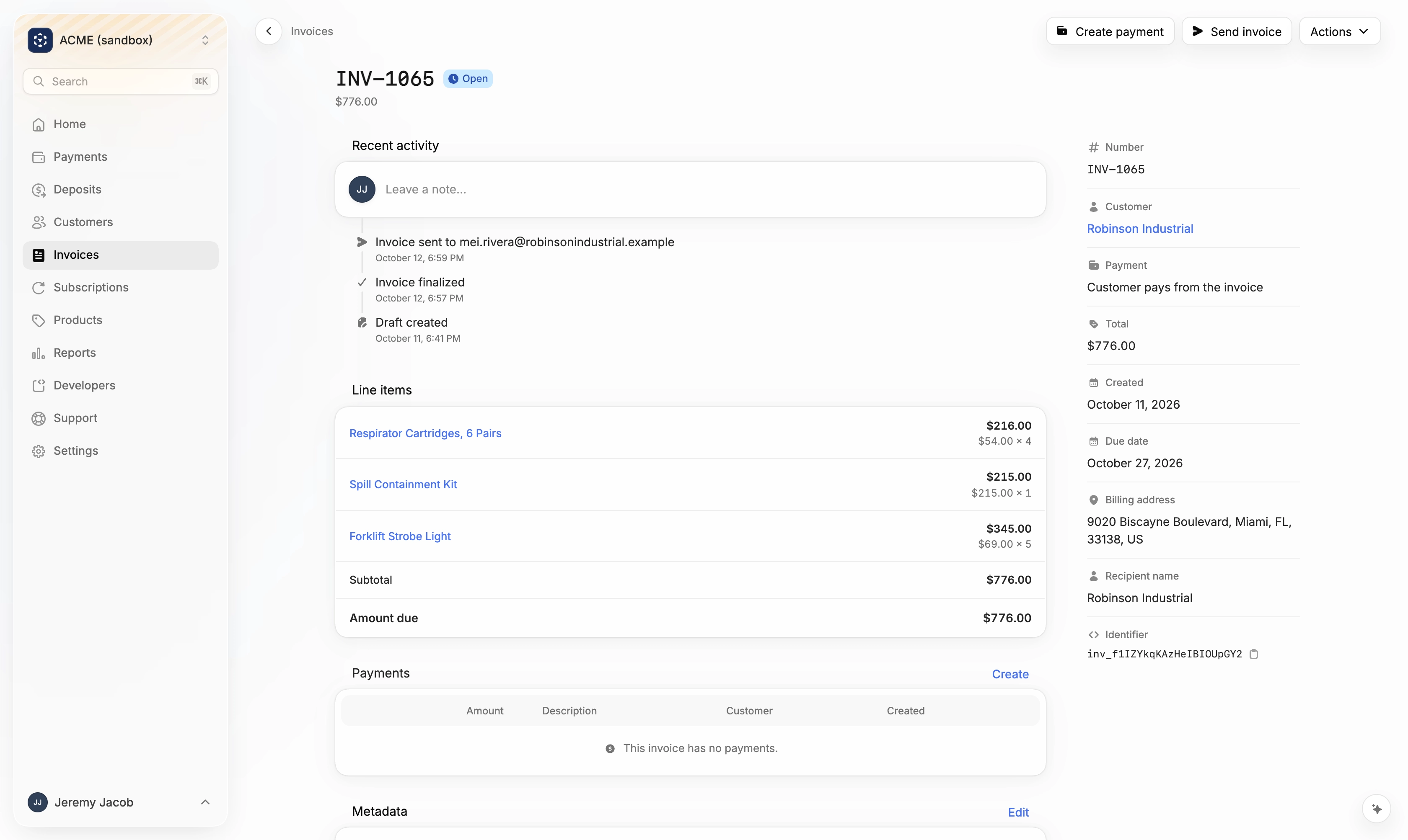 An invoice detail page showing activity, line items, and details