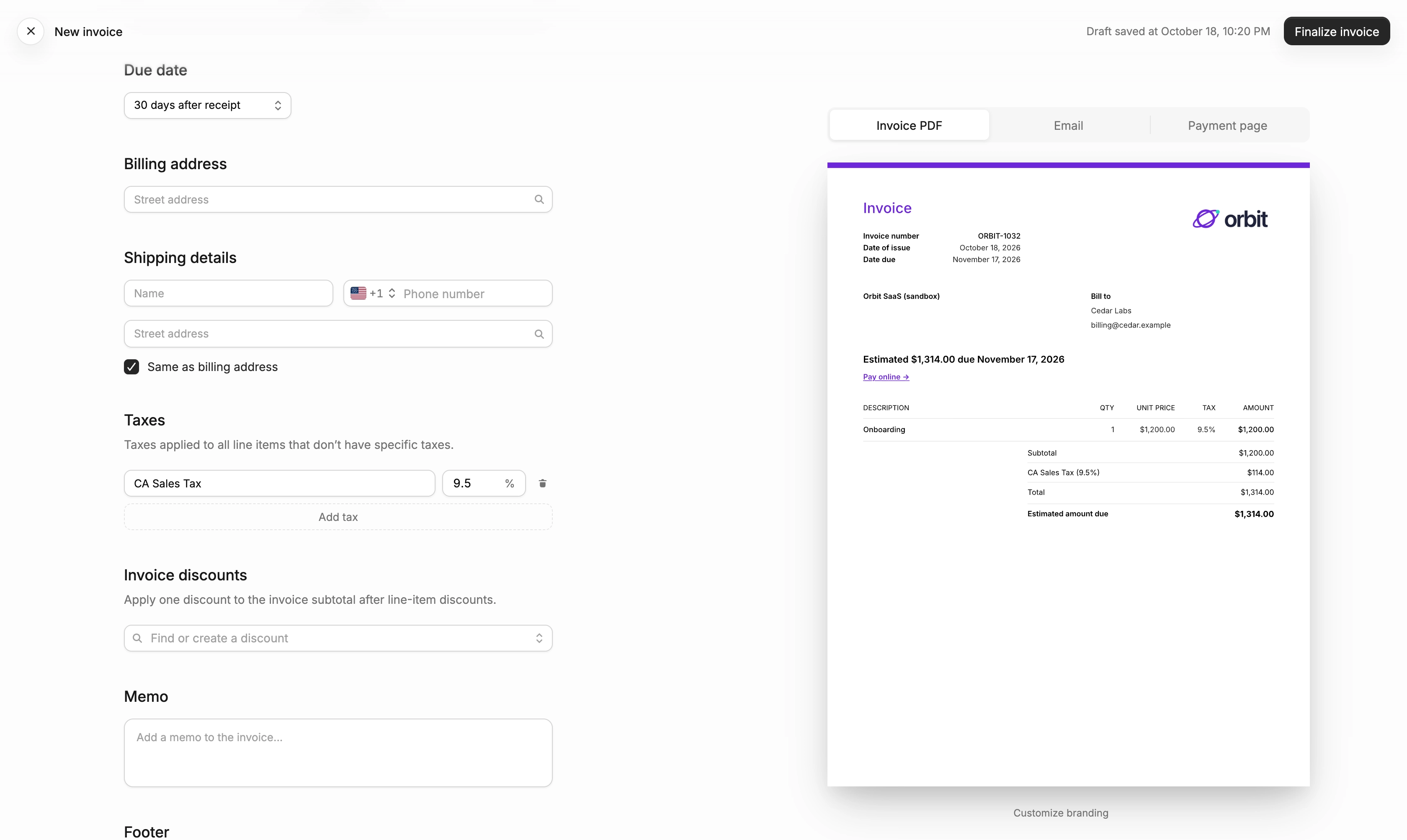 A 9.5% CA Sales Tax on an invoice, with the tax line in the invoice preview