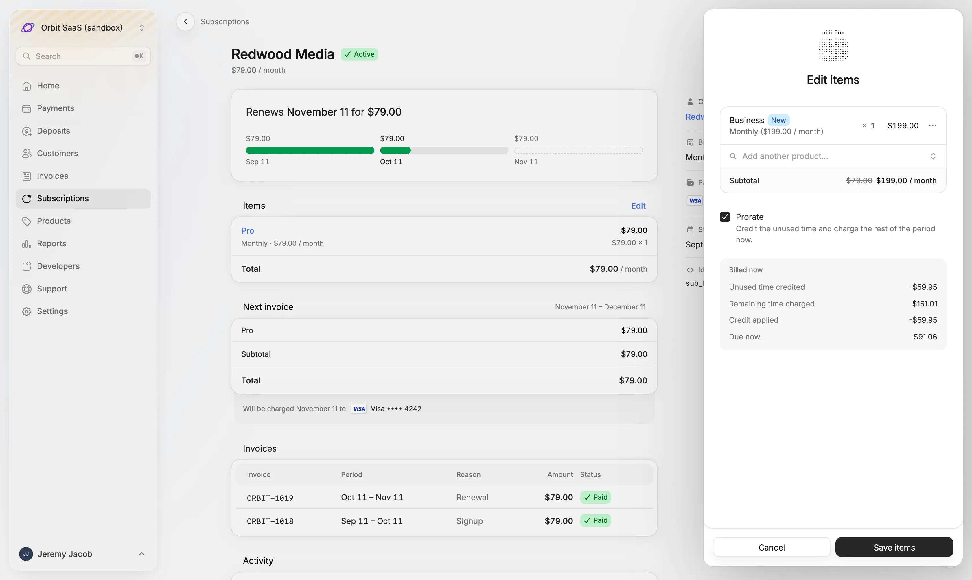 Editing a subscription's items from Pro to Business, with the prorated amount billed now