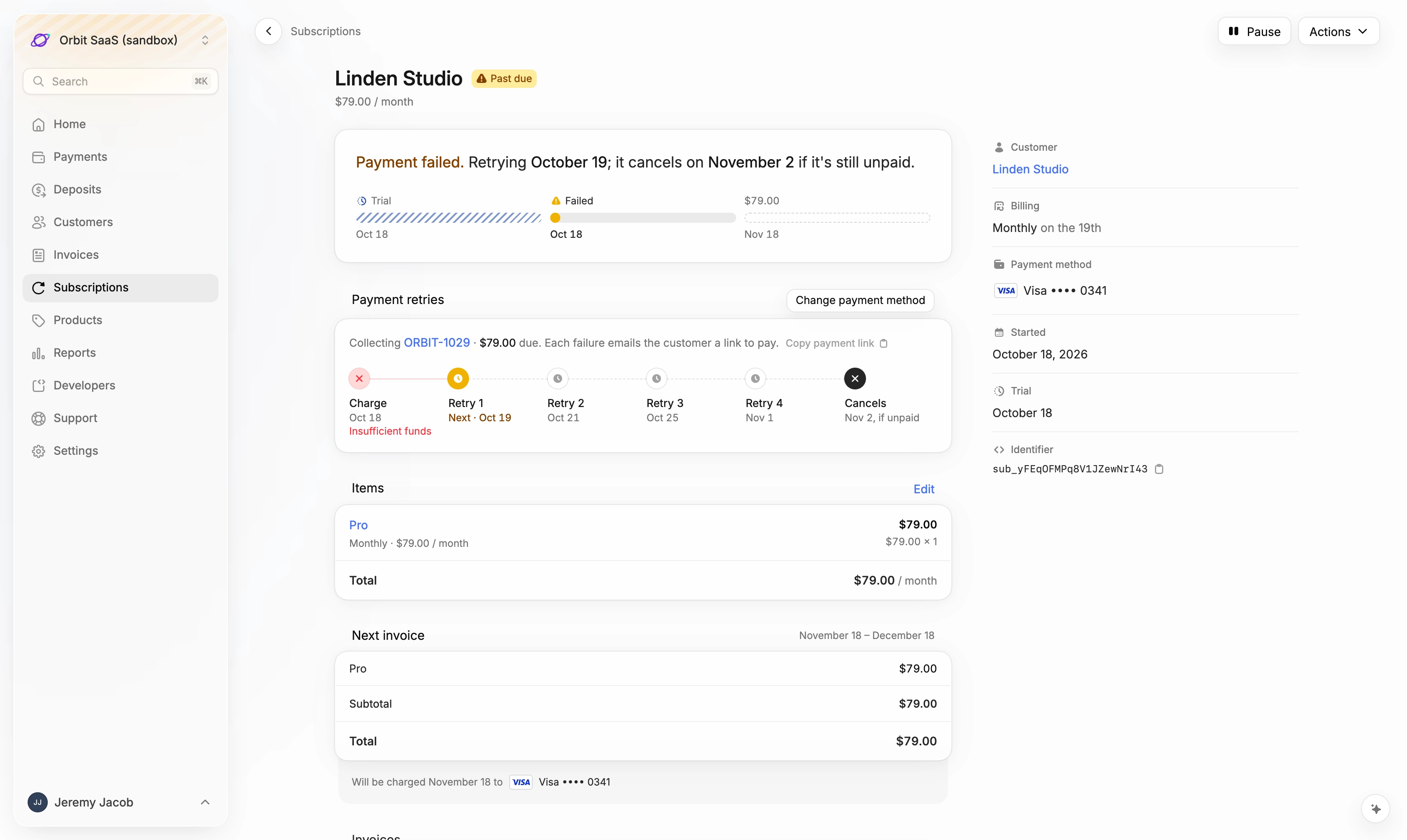 A past-due subscription with its payment retries
