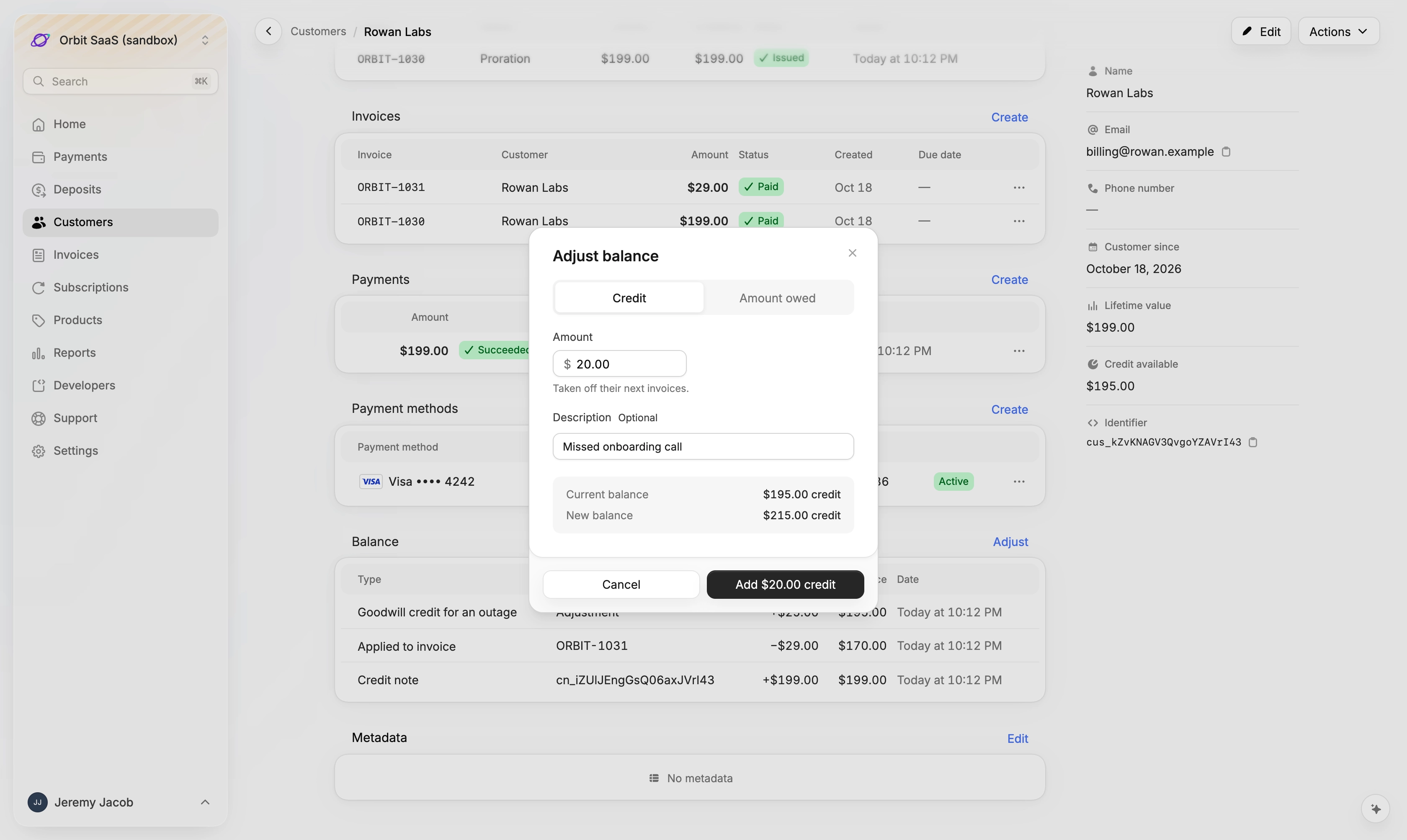 Adding $20.00 of credit to a customer's balance