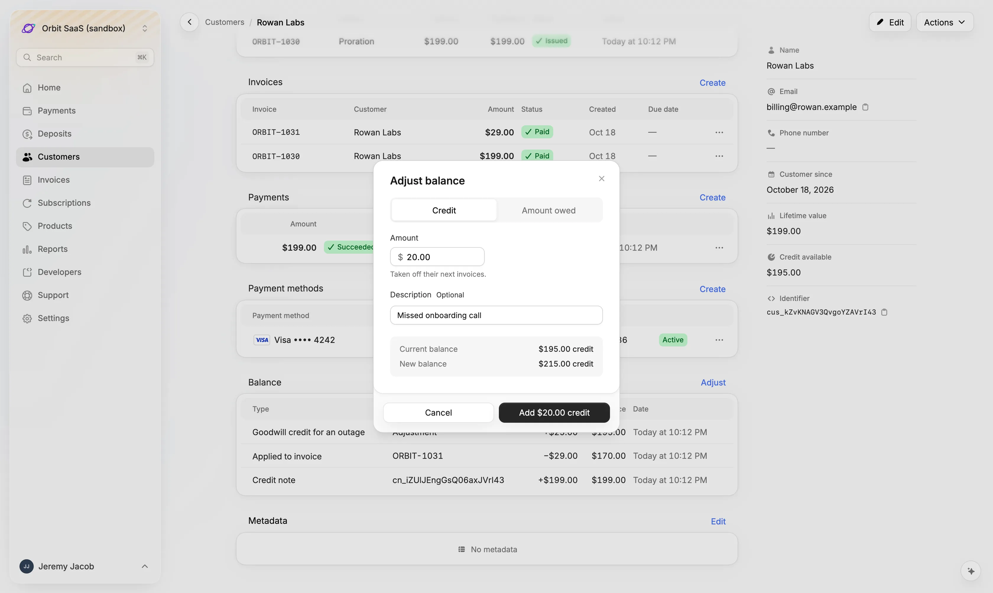 Adding $20.00 of credit to a customer's balance