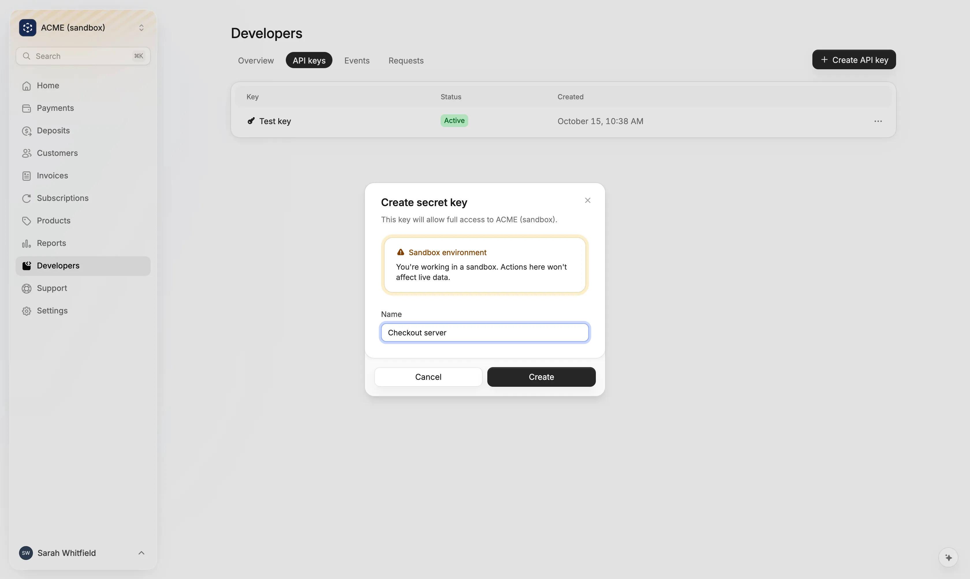 The Create secret key dialog on the Developers API keys page