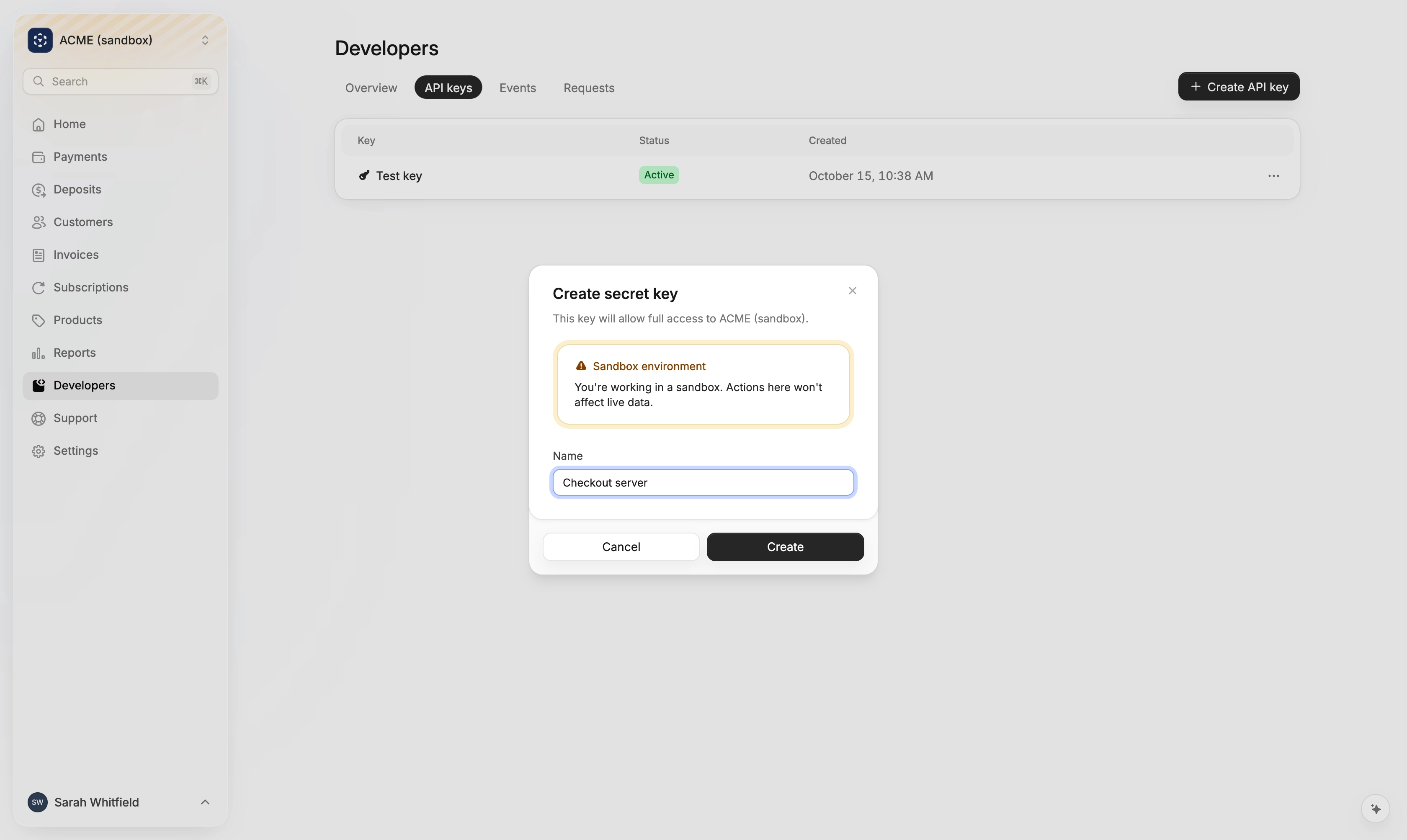 The Create secret key dialog on the Developers API keys page