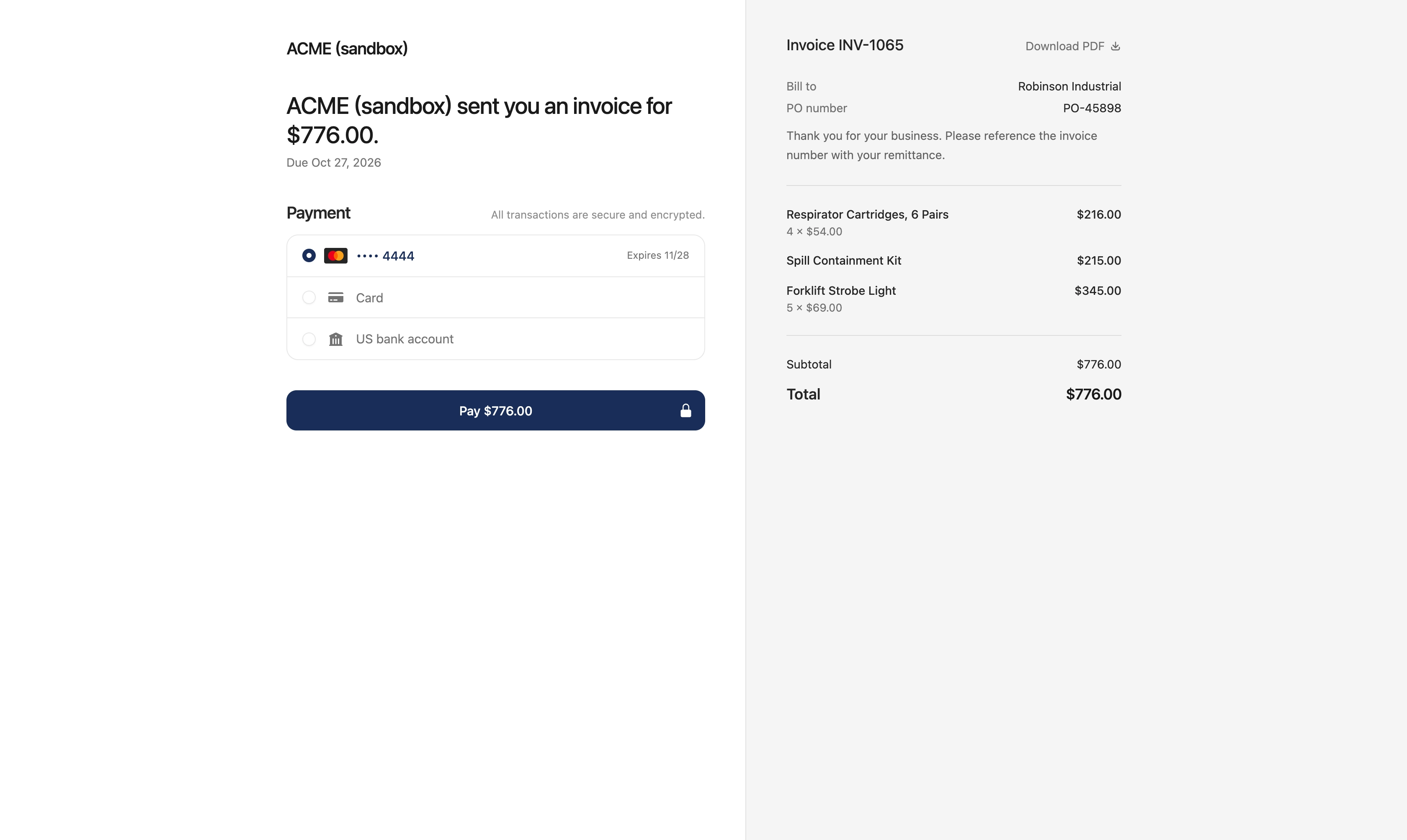 The hosted invoice payment page