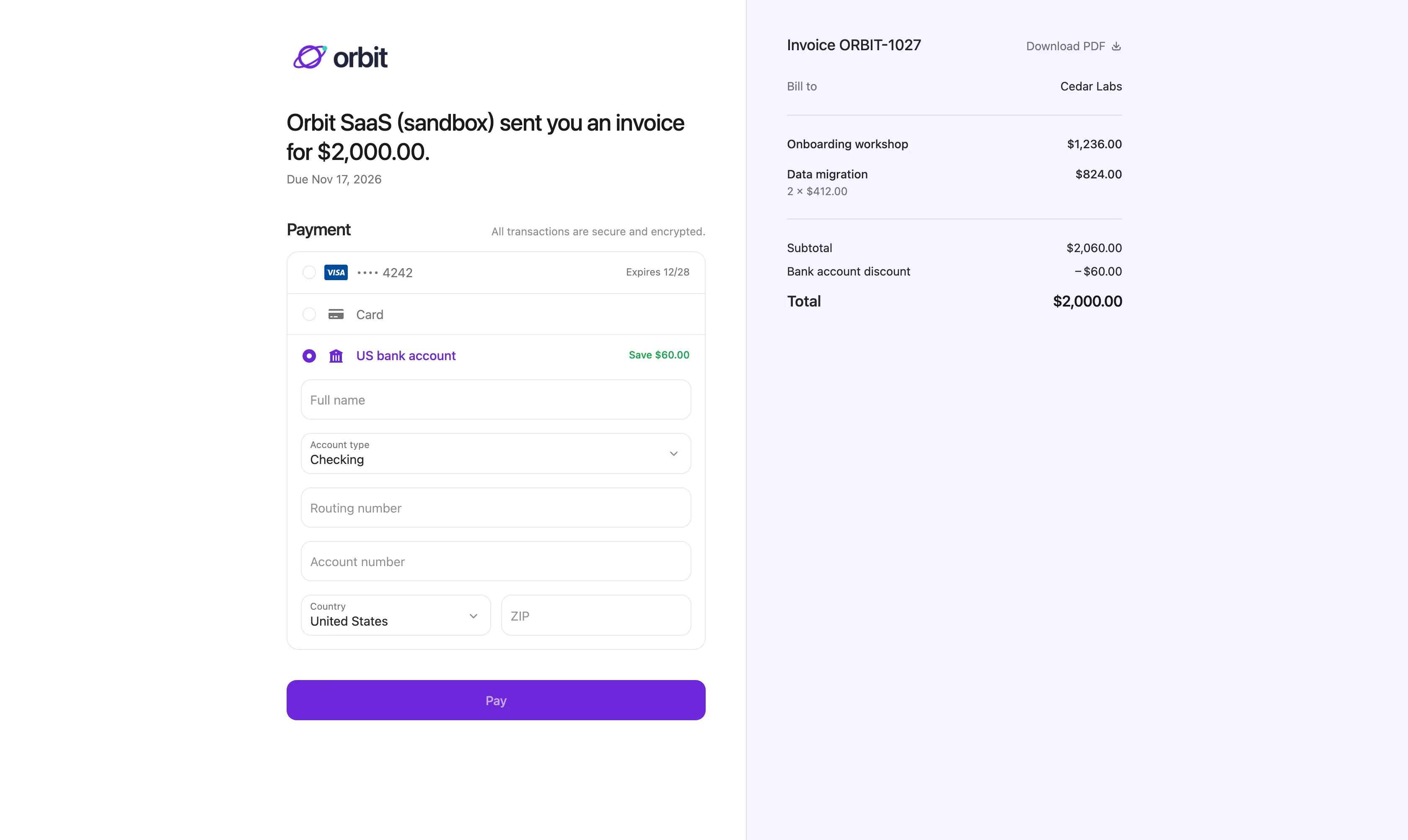 An invoice payment page with card prices and a bank account discount