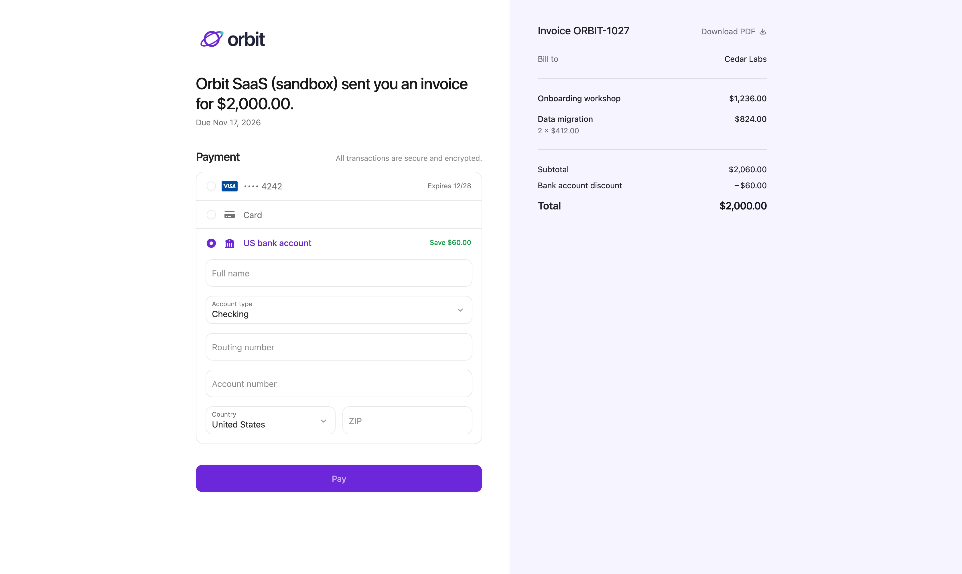 An invoice payment page with card prices and a bank account discount