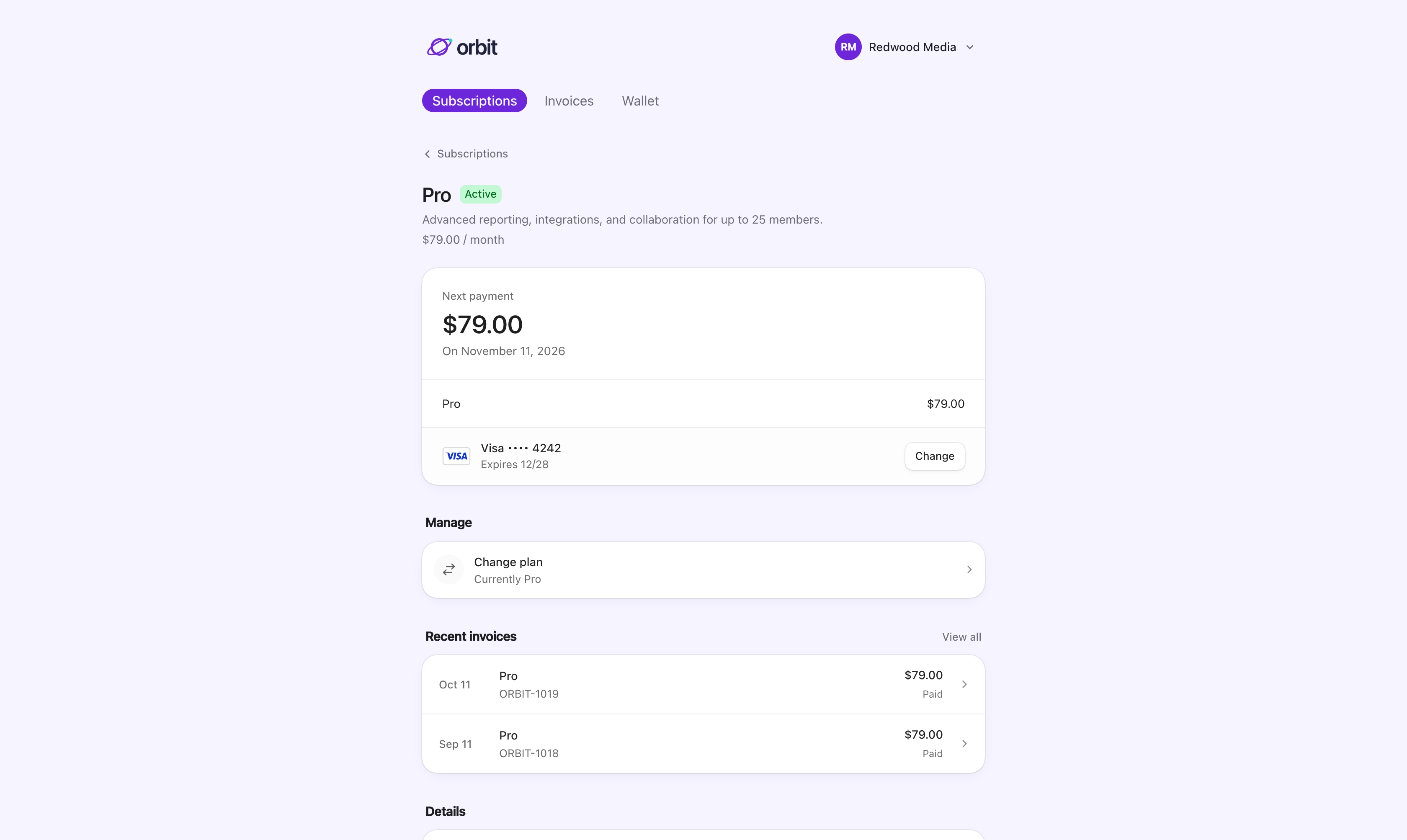 A subscription in the billing portal, with its next payment, payment method and invoices